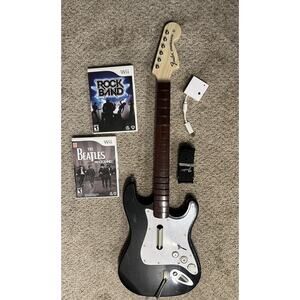 Nintendo Wii Rock Band Guitar w Dongle Strap 2 Games RockBand Beatles Tested